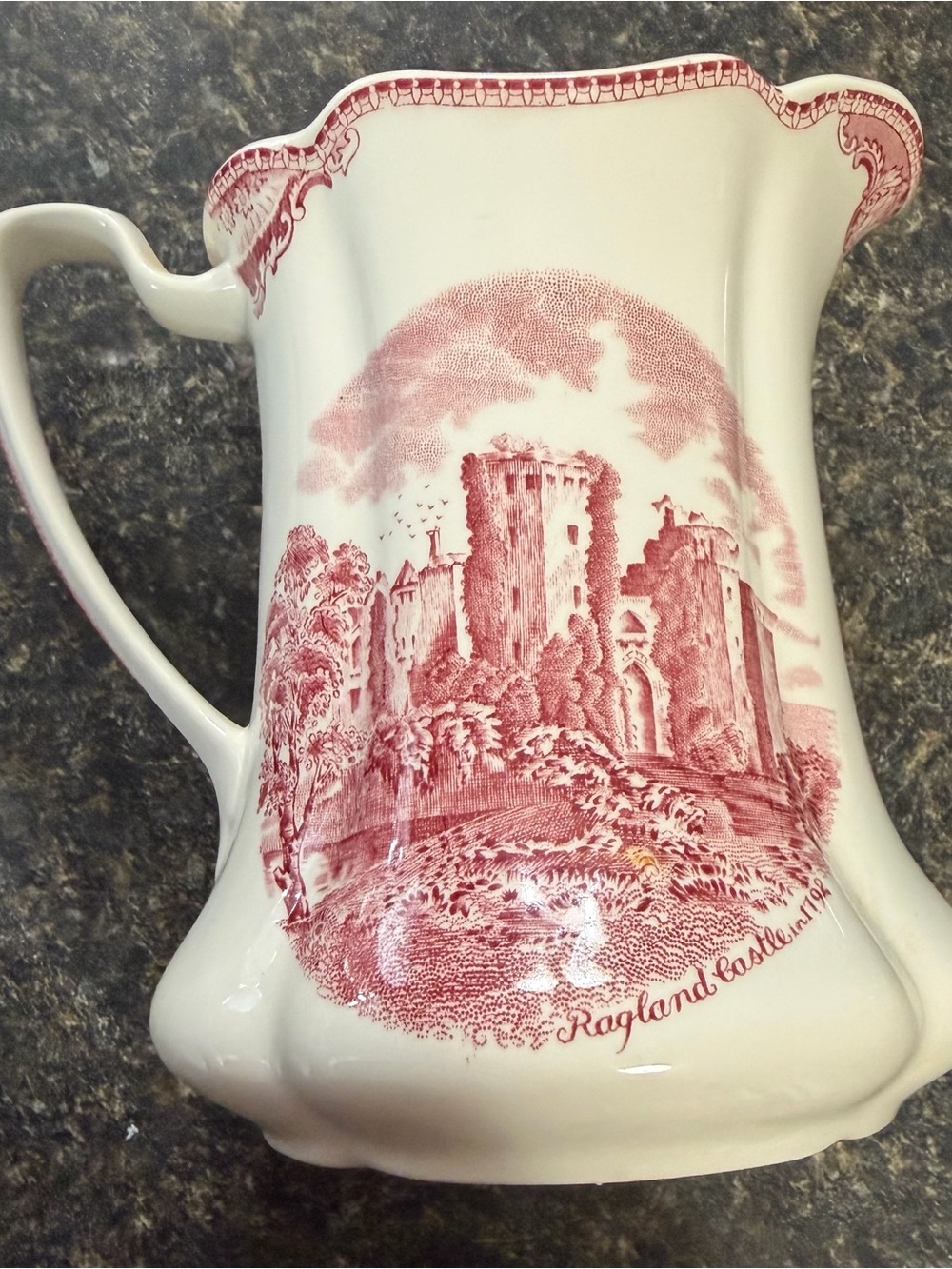 Vintage White Ceramic Pitcher with Red Transferware Castle Design